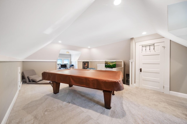 rec room with pool table, vaulted ceiling, baseboards, carpet, and recessed lighting