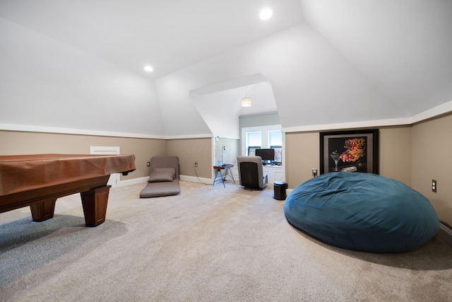 recreation room featuring baseboards, carpet, pool table, and vaulted ceiling