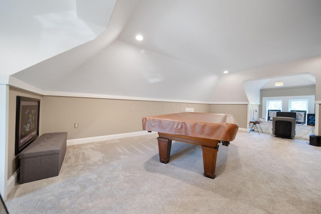 playroom featuring pool table, baseboards, carpet flooring, and lofted ceiling