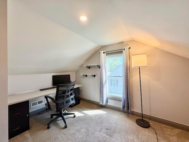 home office with baseboards, visible vents, carpet floors, and lofted ceiling