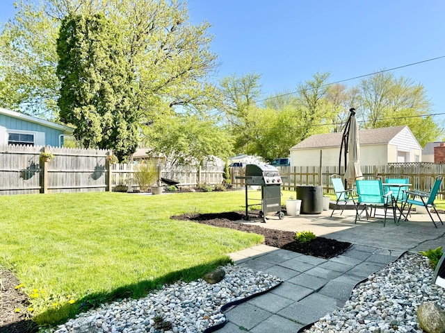 view of yard with a fenced backyard and a patio area