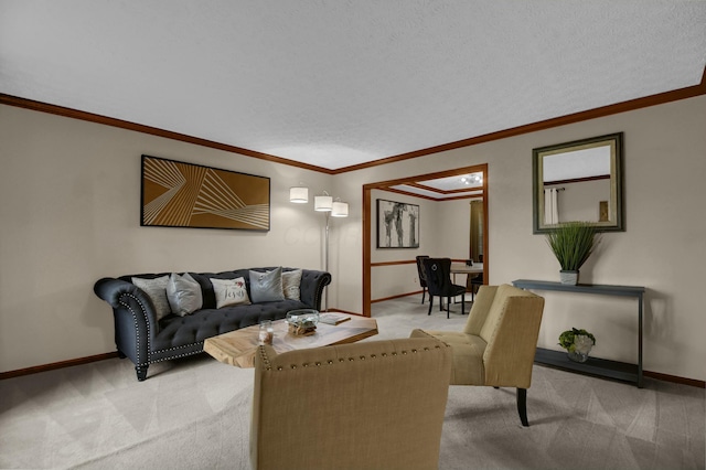 living area with baseboards, ornamental molding, a textured ceiling, and light colored carpet