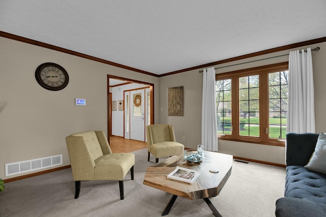living room with baseboards, ornamental molding, light carpet, and visible vents
