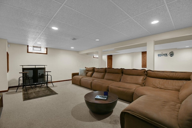 carpeted living room with recessed lighting, baseboards, visible vents, and a paneled ceiling