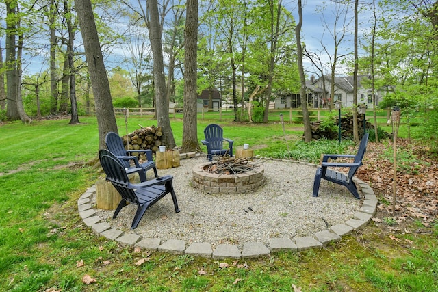 view of yard with an outdoor fire pit