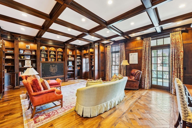 sitting room with wooden walls, recessed lighting, beamed ceiling, and coffered ceiling
