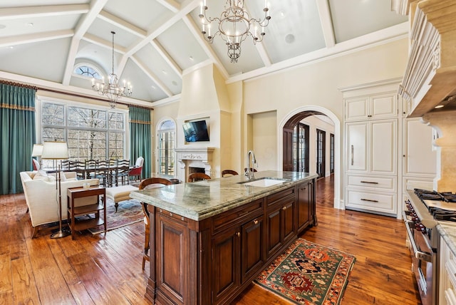 kitchen with a sink, high vaulted ceiling, open floor plan, and range with two ovens