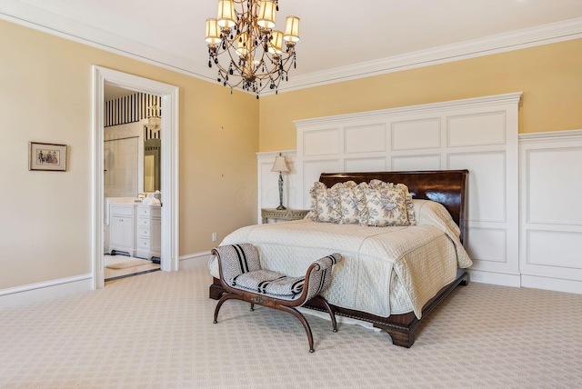bedroom featuring carpet floors, ornamental molding, baseboards, and a notable chandelier