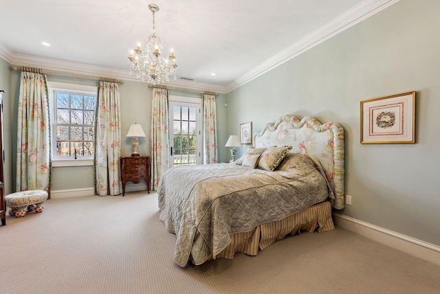bedroom with carpet floors, ornamental molding, baseboards, multiple windows, and a notable chandelier