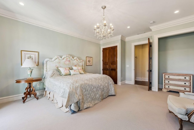 carpeted bedroom featuring baseboards, recessed lighting, crown molding, and a notable chandelier