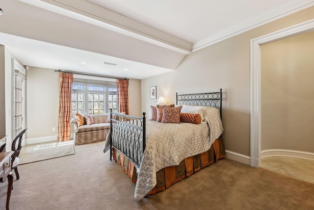 bedroom with visible vents, carpet flooring, baseboards, and ornamental molding