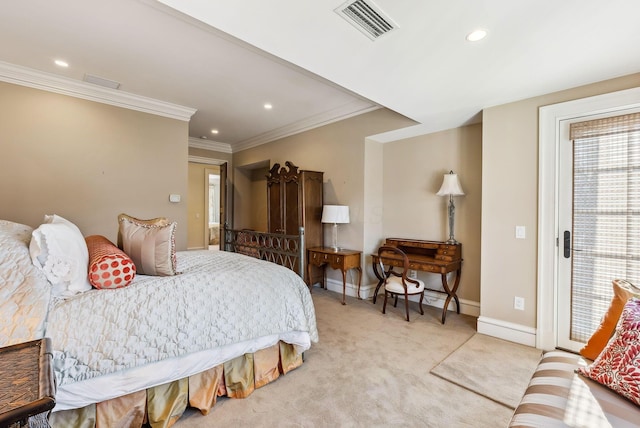 bedroom featuring visible vents, crown molding, baseboards, recessed lighting, and light colored carpet