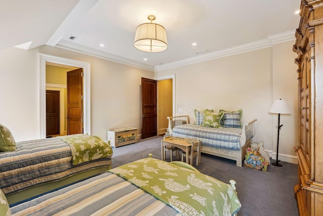 bedroom with visible vents, ornamental molding, baseboards, recessed lighting, and carpet