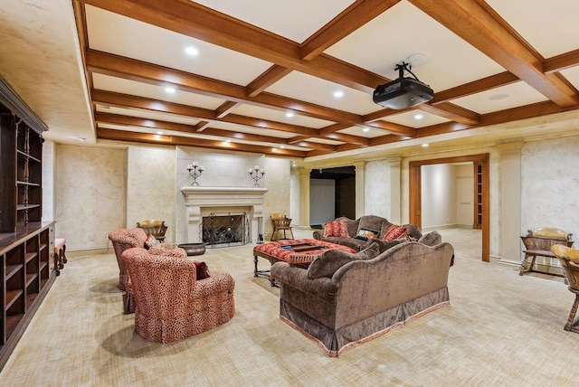 living room with carpet, beamed ceiling, coffered ceiling, and a fireplace