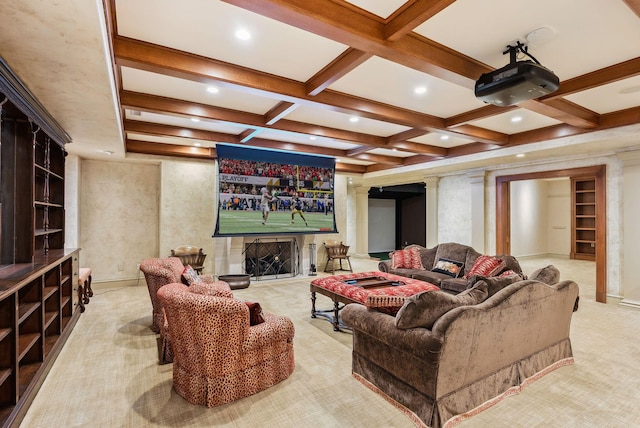 home theater featuring carpet flooring, recessed lighting, beam ceiling, and coffered ceiling