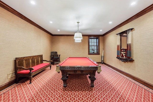recreation room featuring baseboards, ornamental molding, recessed lighting, and pool table