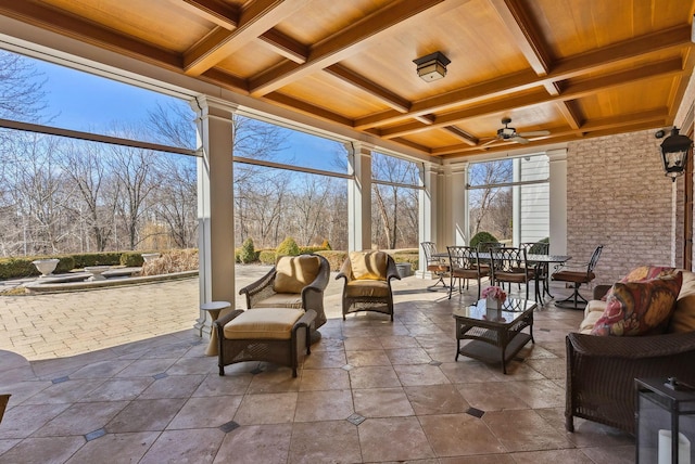sunroom / solarium featuring coffered ceiling and beam ceiling