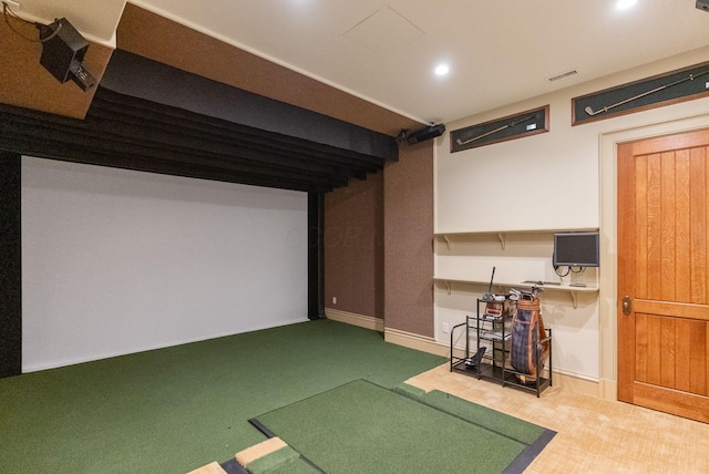 carpeted home theater room with baseboards, golf simulator, and recessed lighting