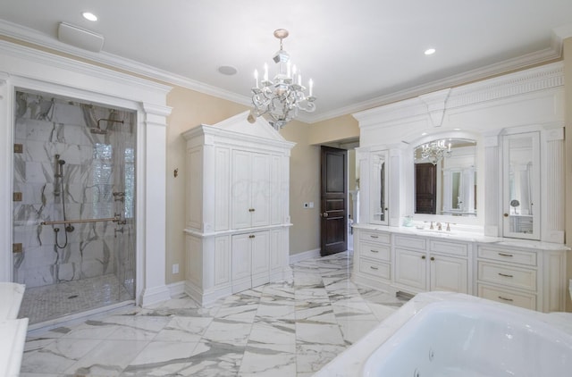 bathroom with crown molding, baseboards, an inviting chandelier, and a marble finish shower