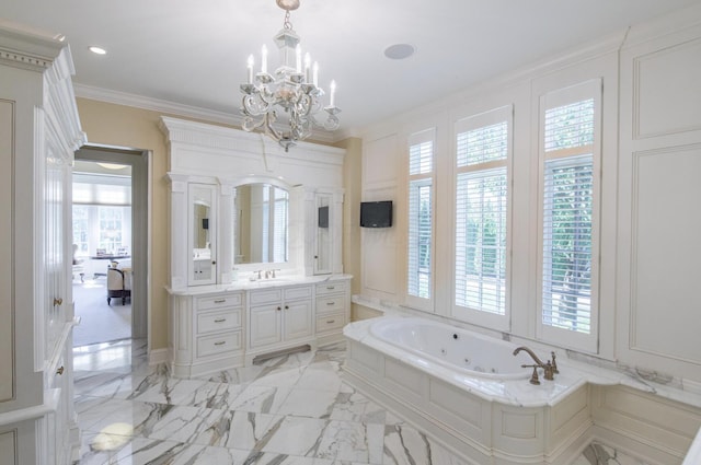 bathroom with an inviting chandelier, vanity, a whirlpool tub, recessed lighting, and ornamental molding