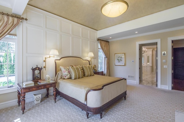 bedroom featuring ornamental molding, light carpet, and multiple windows