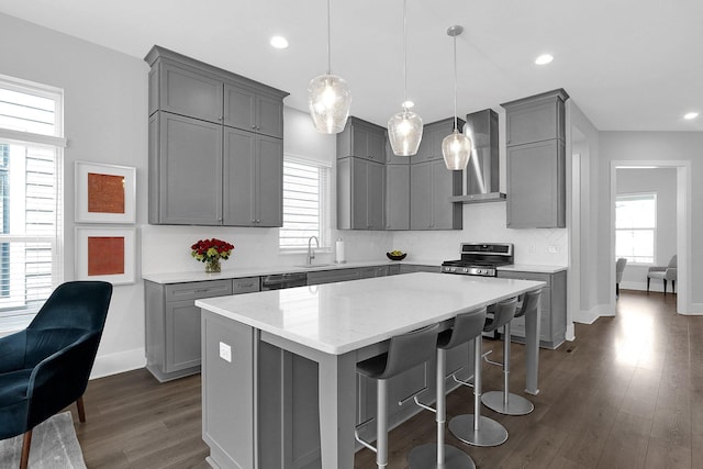 935 Pullman Pl, Columbus, OH 43212 - kitchen with gray cabinetry, wall chimney exhaust hood, and a sink