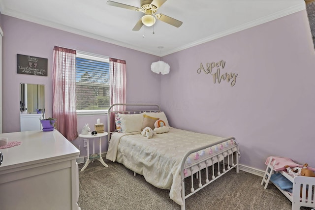 bedroom with crown molding, ceiling fan, baseboards, and carpet
