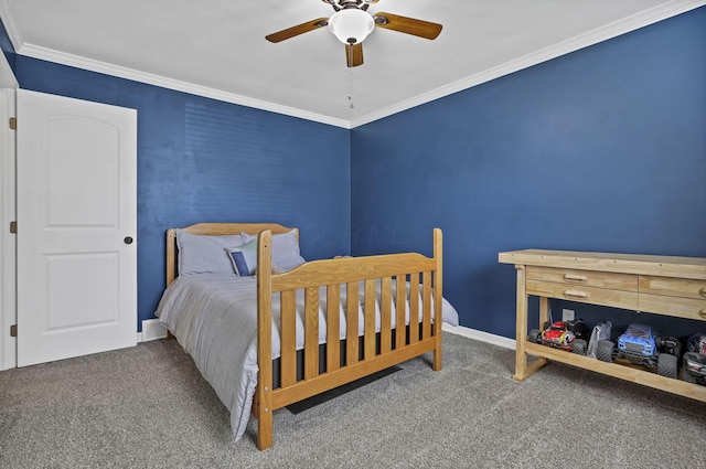 bedroom featuring baseboards, ornamental molding, carpet, and ceiling fan