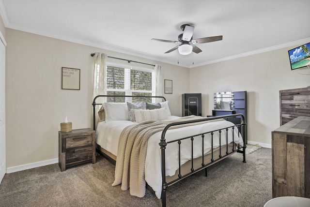 bedroom featuring crown molding, baseboards, and carpet flooring