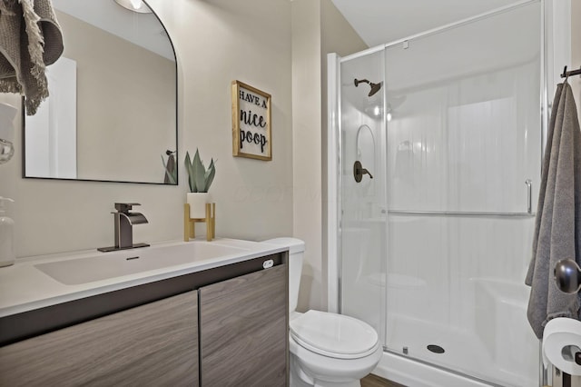 full bathroom with vanity, a stall shower, and toilet