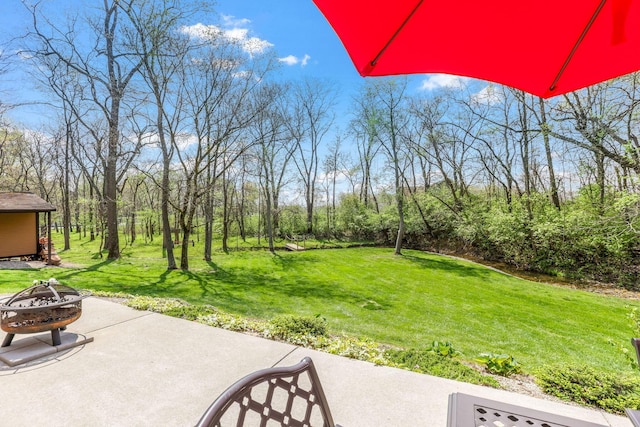 view of yard featuring a patio and an outdoor fire pit