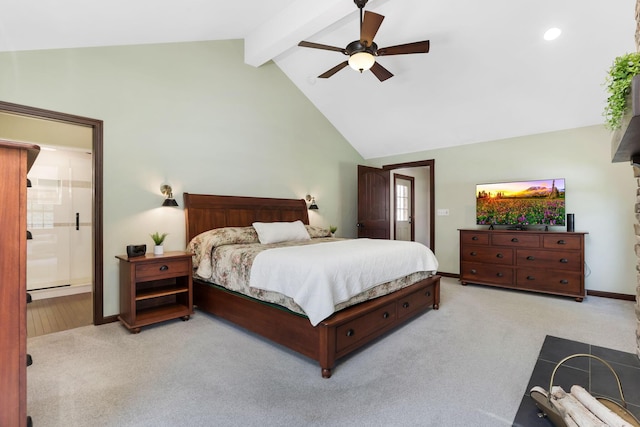 bedroom with ceiling fan, light colored carpet, beam ceiling, high vaulted ceiling, and baseboards