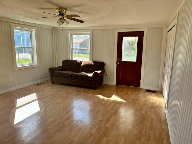 foyer entrance with light wood-type flooring, a textured ceiling, and plenty of natural light