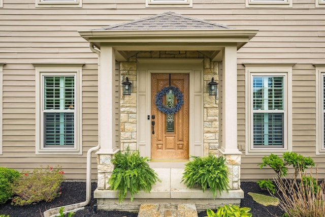 7726 Quetzal Dr, Dublin, OH 43017 - property entrance featuring stone siding and roof with shingles