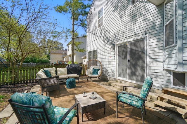 5694 Danmar Dr, Canal Winchester, OH 43110 - view of patio featuring entry steps, an outdoor living space, fence, and area for grilling