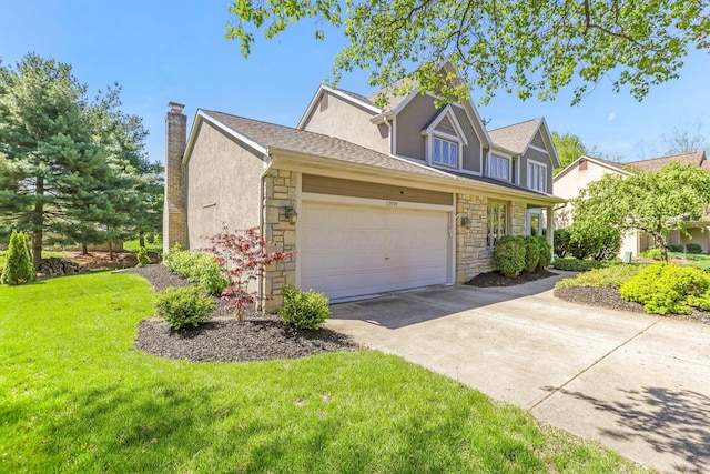 view of property exterior featuring stucco siding, a garage, stone siding, concrete driveway, and a lawn