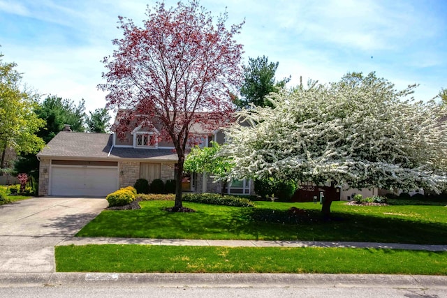 obstructed view of property with a front yard, driveway, and an attached garage