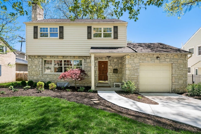 traditional home with driveway, a chimney, a garage, fence, and stone siding