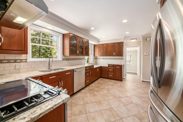kitchen with a healthy amount of sunlight, decorative backsplash, a sink, ornamental molding, and stainless steel appliances