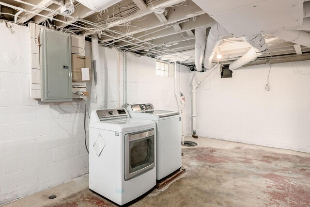 laundry room featuring electric panel, laundry area, and washer and clothes dryer