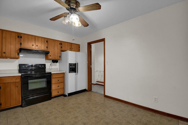 kitchen with light countertops, white fridge with ice dispenser, baseboards, black range with electric cooktop, and under cabinet range hood