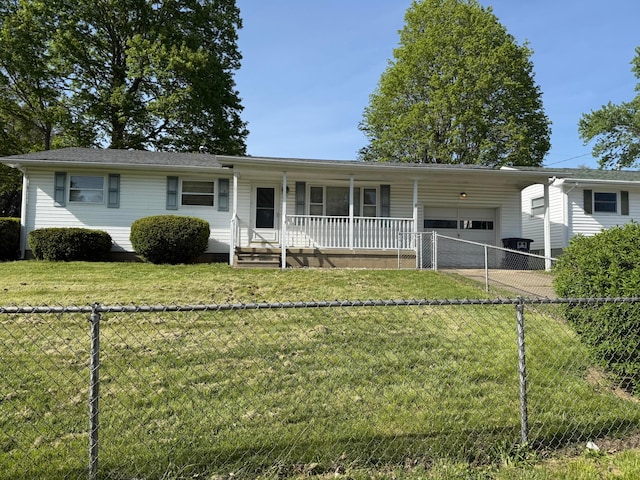 1721 W Union St, Lancaster, OH 43130 - ranch-style house featuring a porch, driveway, a fenced backyard, a front lawn, and an attached garage