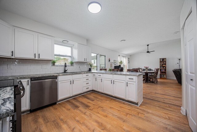 380 Oak Village Dr, Columbus, OH 43207 - kitchen featuring stainless steel dishwasher, a sink, a peninsula, ceiling fan, and light wood-style floors