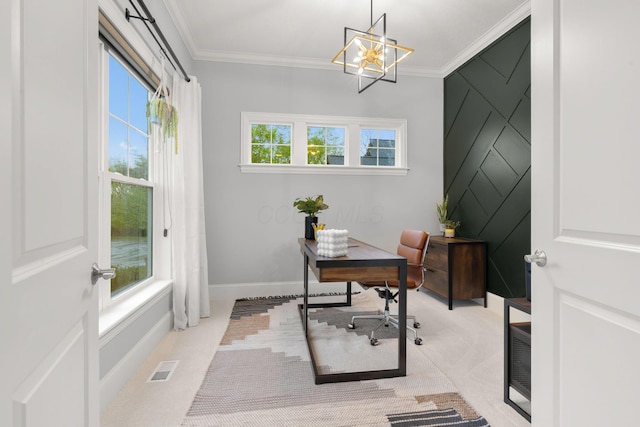 home office featuring carpet floors, a chandelier, ornamental molding, and visible vents