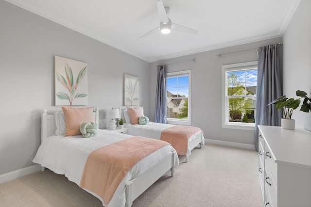 bedroom with baseboards, light colored carpet, and ornamental molding