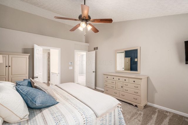 bedroom with visible vents, baseboards, a ceiling fan, and light carpet