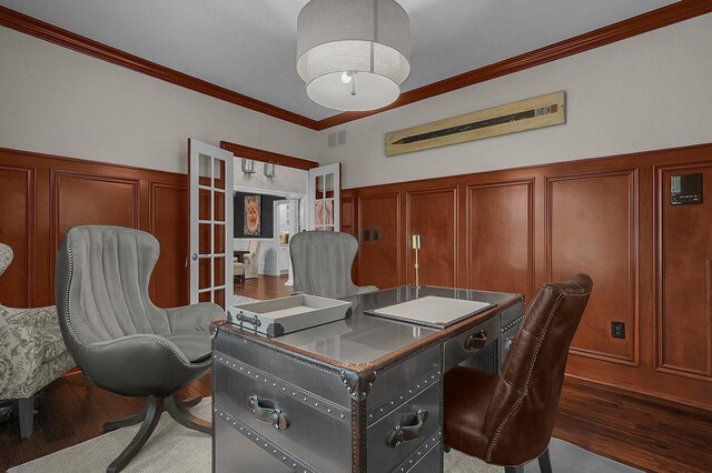 2443 Shepherd Ct, Powell, OH 43065 - office featuring a decorative wall, ornamental molding, wood finished floors, wainscoting, and french doors