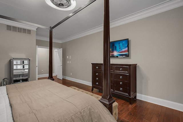 2443 Shepherd Ct, Powell, OH 43065 - bedroom featuring dark wood-style flooring, crown molding, baseboards, and decorative columns