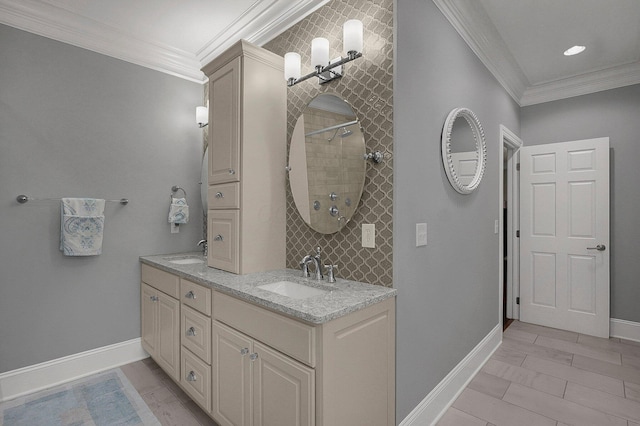 2443 Shepherd Ct, Powell, OH 43065 - bathroom with crown molding, double vanity, baseboards, and a tile shower