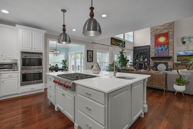 2443 Shepherd Ct, Powell, OH 43065 - kitchen featuring a sink, stainless steel appliances, open floor plan, light countertops, and dark wood finished floors